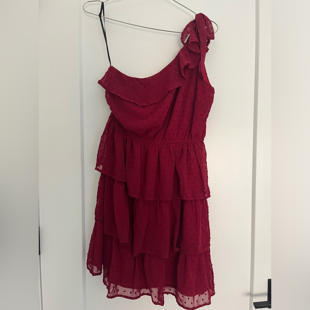 One Shoulder Mini Dress Ruffled High Waist Tiered Red/burgundy Small